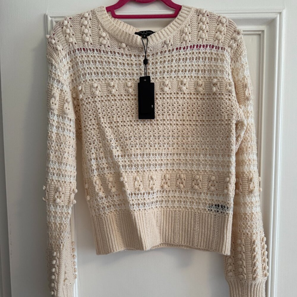 Rag & Bone: New with Tags, White and Cream Crew-Neck Sweater, Size Medium